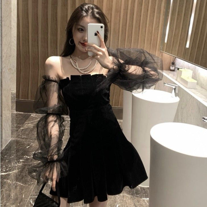 Mesh Bubble Sleeve Off Shoulder Dress