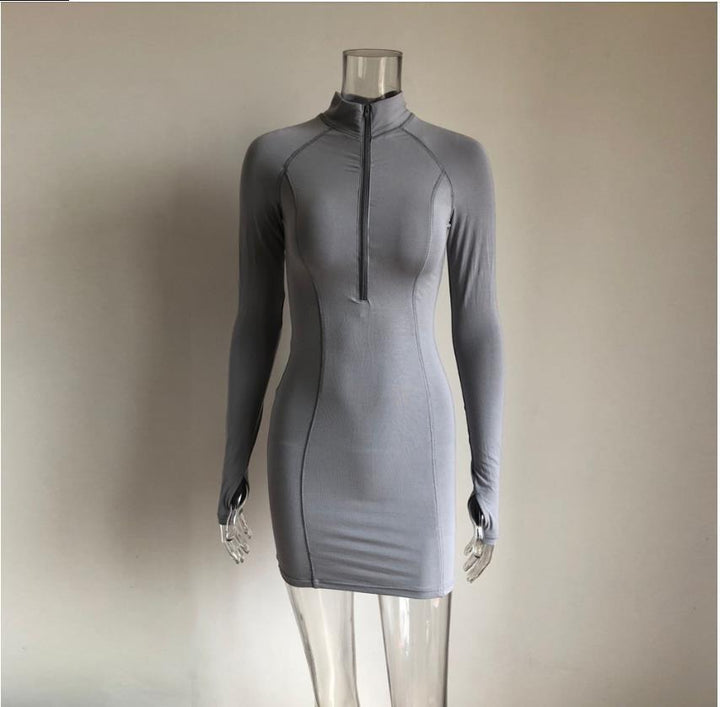 Tight stretch elastic collar long sleeve dress