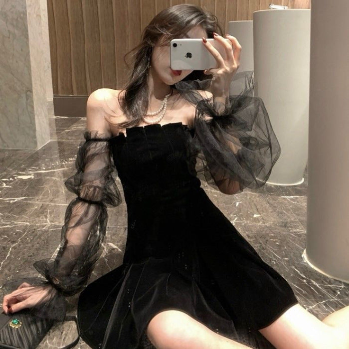 Mesh Bubble Sleeve Off Shoulder Dress
