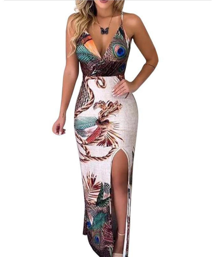 Sling V Neck Dress with Peacock design