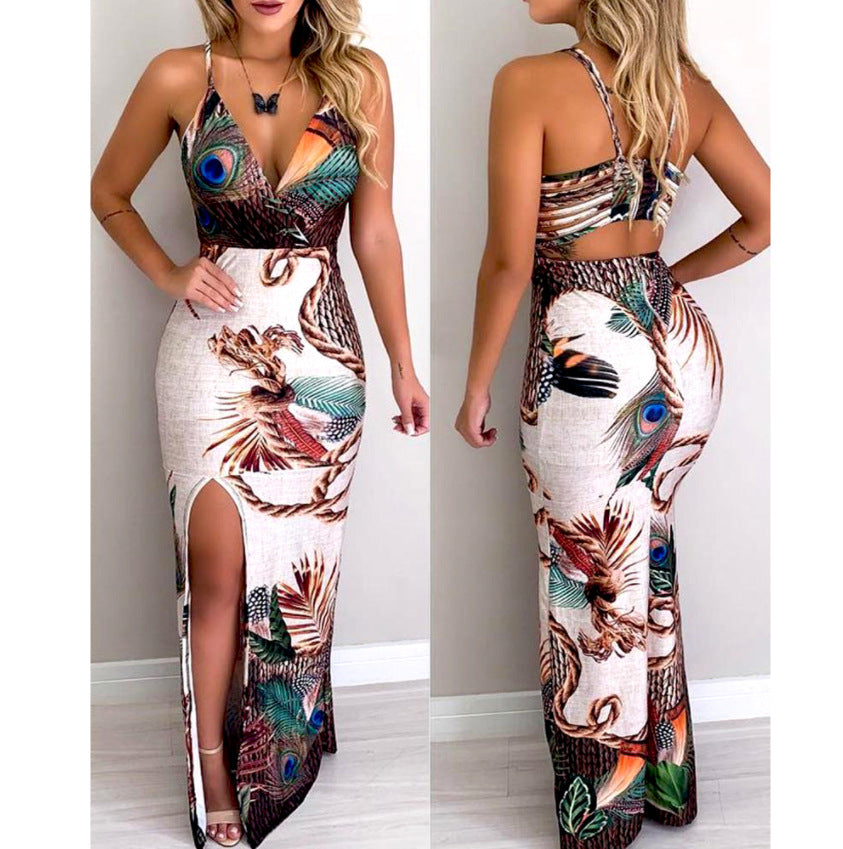 Sling V Neck Dress with Peacock design