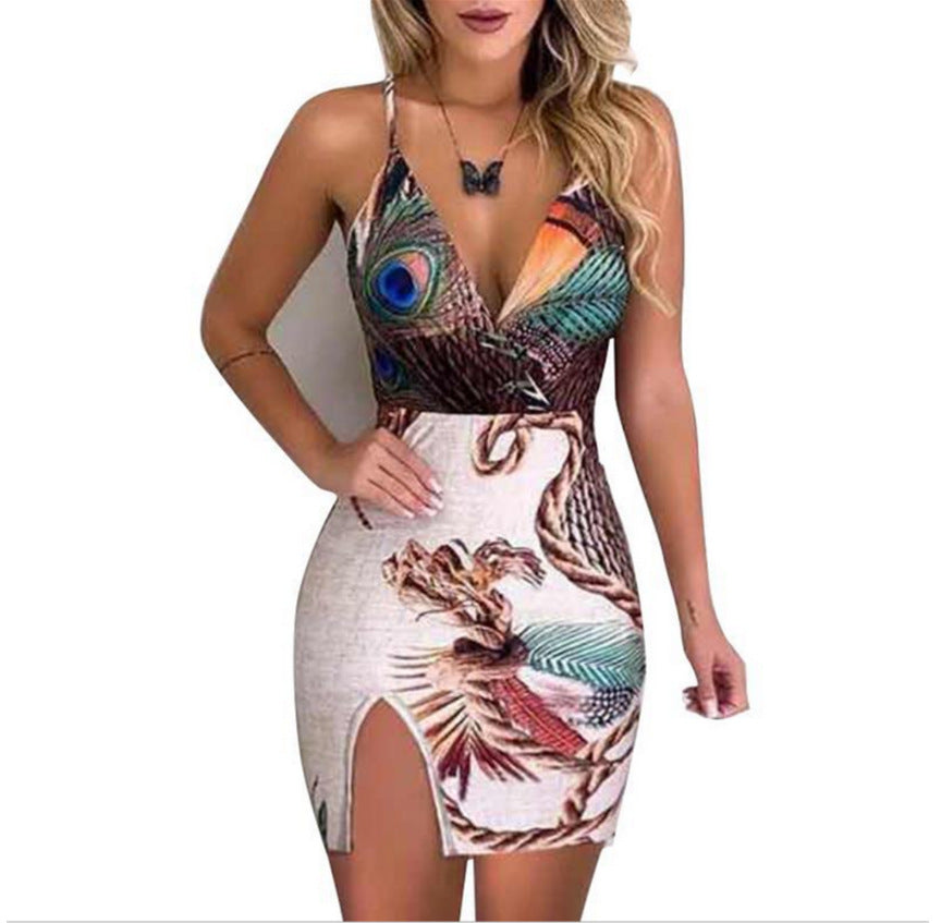 Sling V Neck Dress with Peacock design