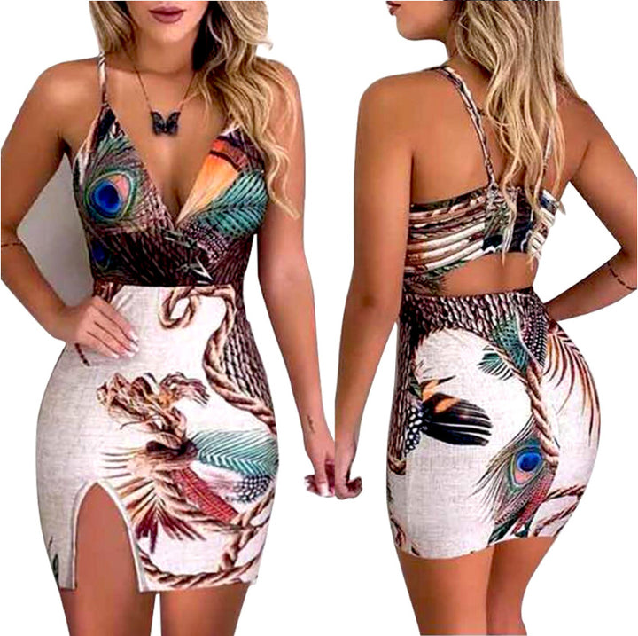 Sling V Neck Dress with Peacock design