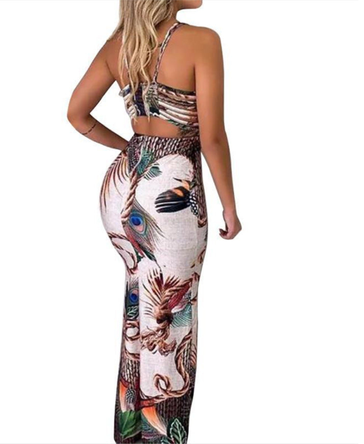 Sling V Neck Dress with Peacock design
