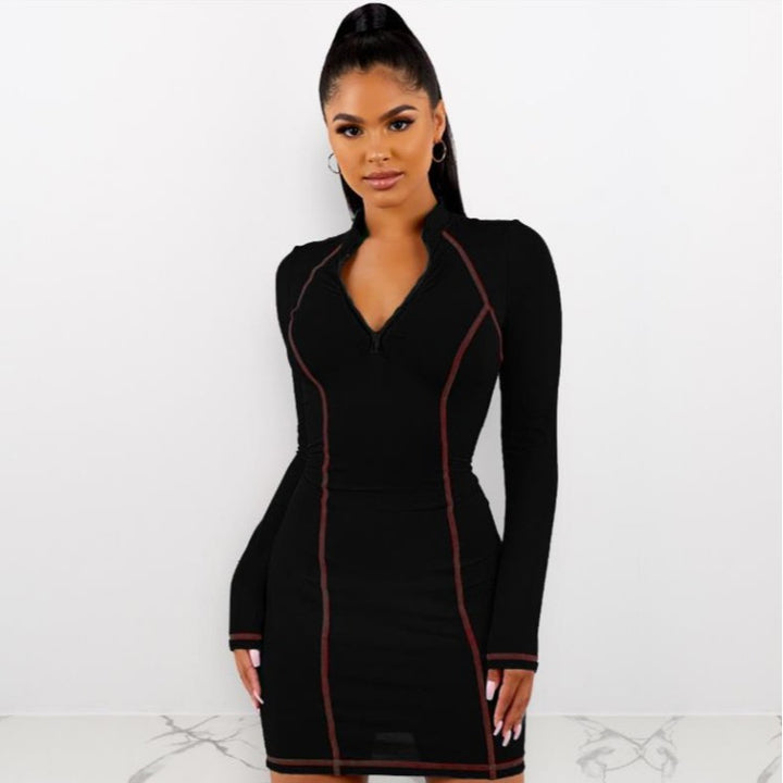 Tight stretch elastic collar long sleeve dress