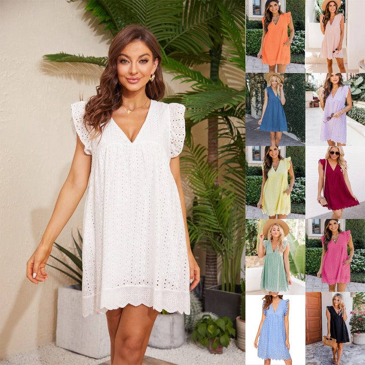 Lace Dress With Pocket - Sleeveless Jacquard Cutout V-Neck
