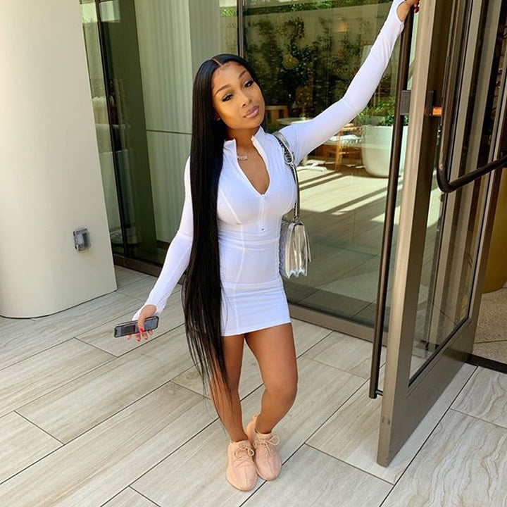 Tight stretch elastic collar long sleeve dress