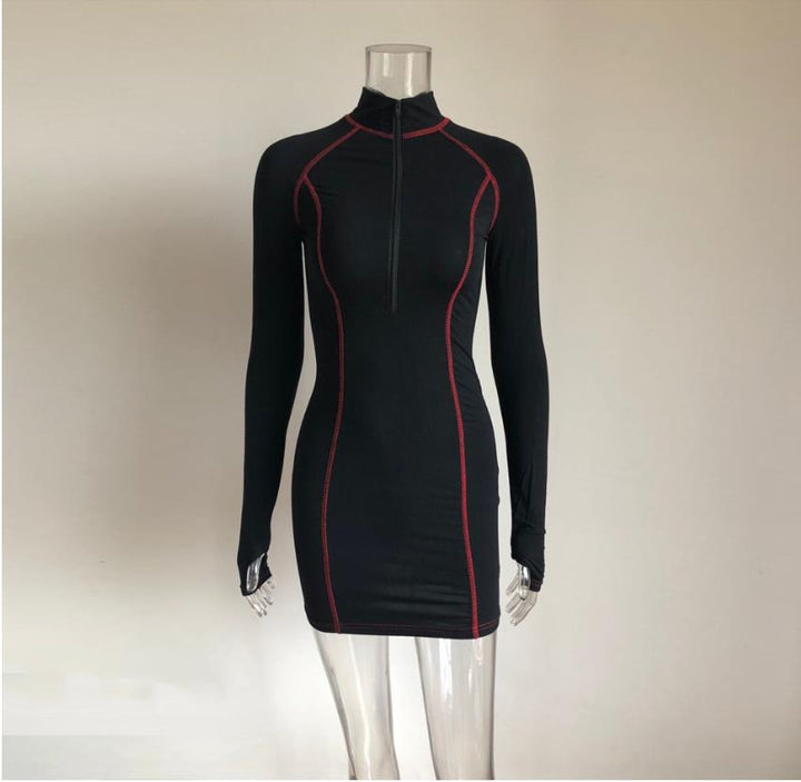 Tight stretch elastic collar long sleeve dress