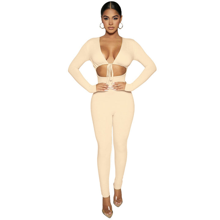 Solid Color Lace-up Hollow Long-sleeved Jumpsuit