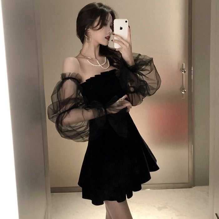 Mesh Bubble Sleeve Off Shoulder Dress