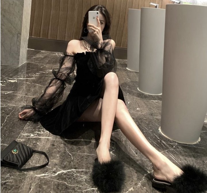 Mesh Bubble Sleeve Off Shoulder Dress