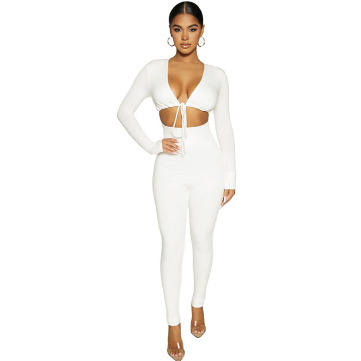 Solid Color Lace-up Hollow Long-sleeved Jumpsuit