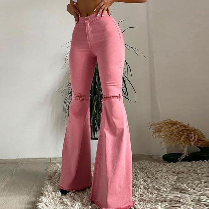 Bell Bottom Stretch Denim Pants - Ripped Frayed Flared