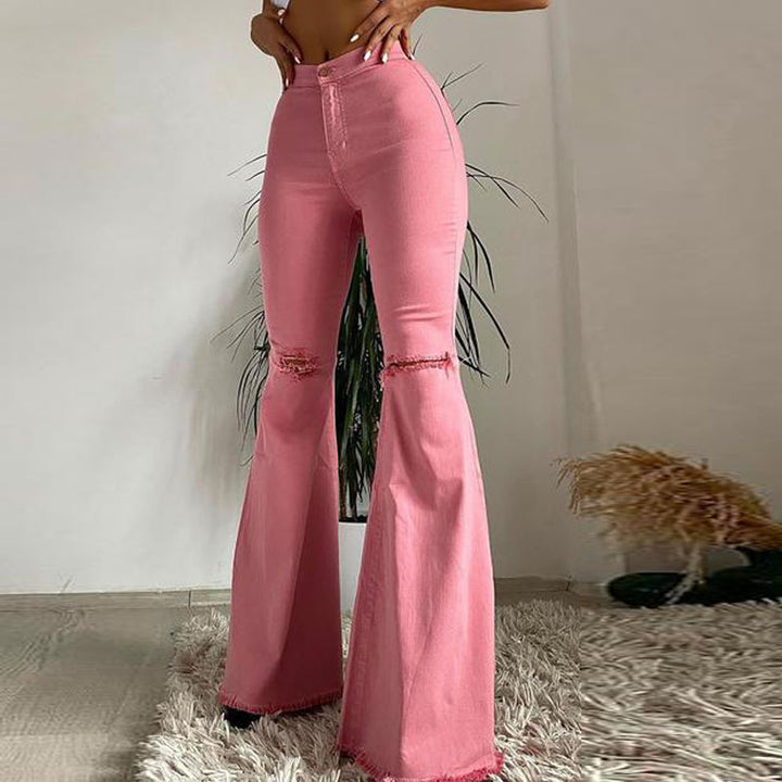 Bell Bottom Stretch Denim Pants - Ripped Frayed Flared