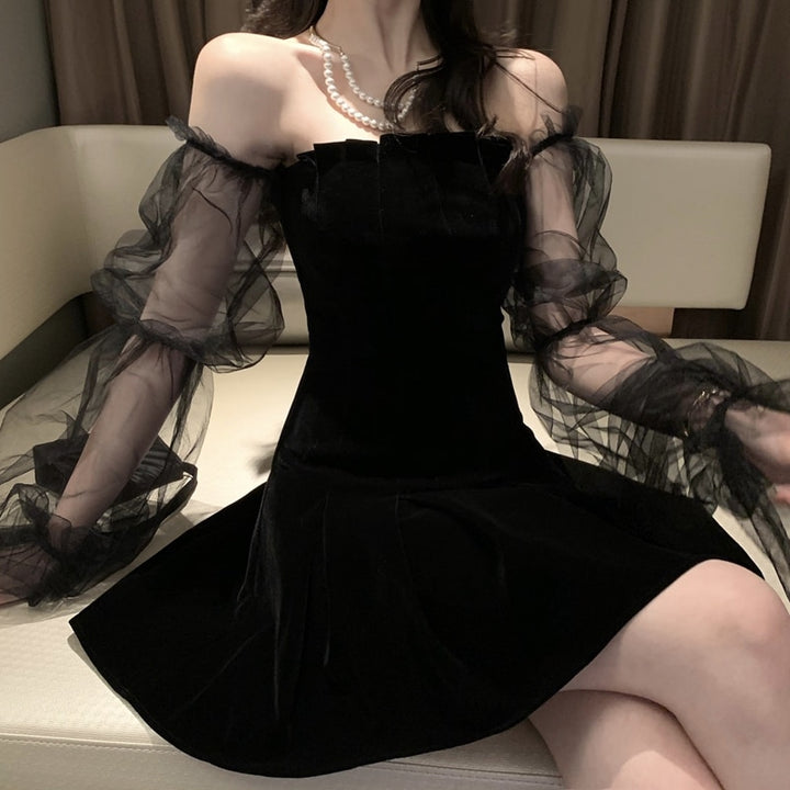 Mesh Bubble Sleeve Off Shoulder Dress