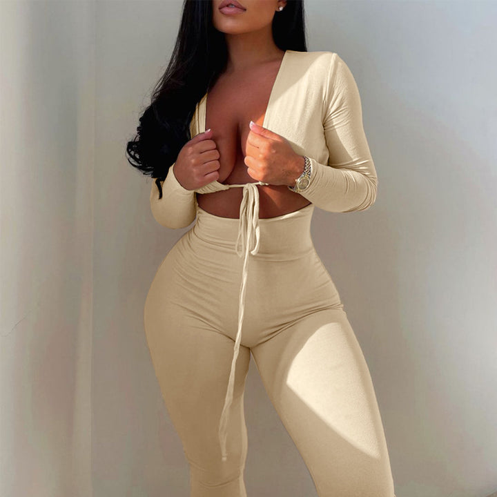 Solid Color Lace-up Hollow Long-sleeved Jumpsuit
