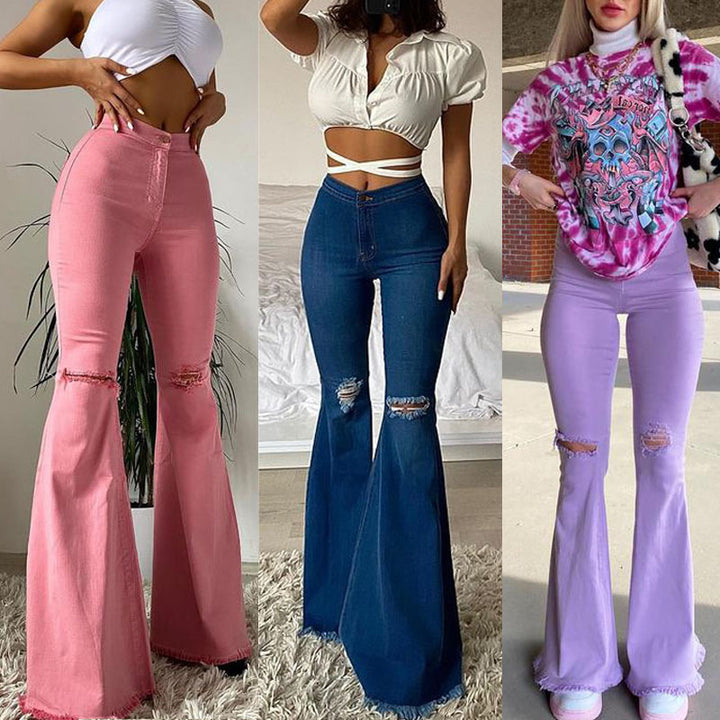 Bell Bottom Stretch Denim Pants - Ripped Frayed Flared