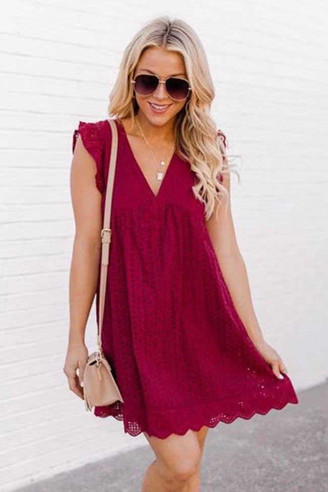 Lace Dress With Pocket - Sleeveless Jacquard Cutout V-Neck