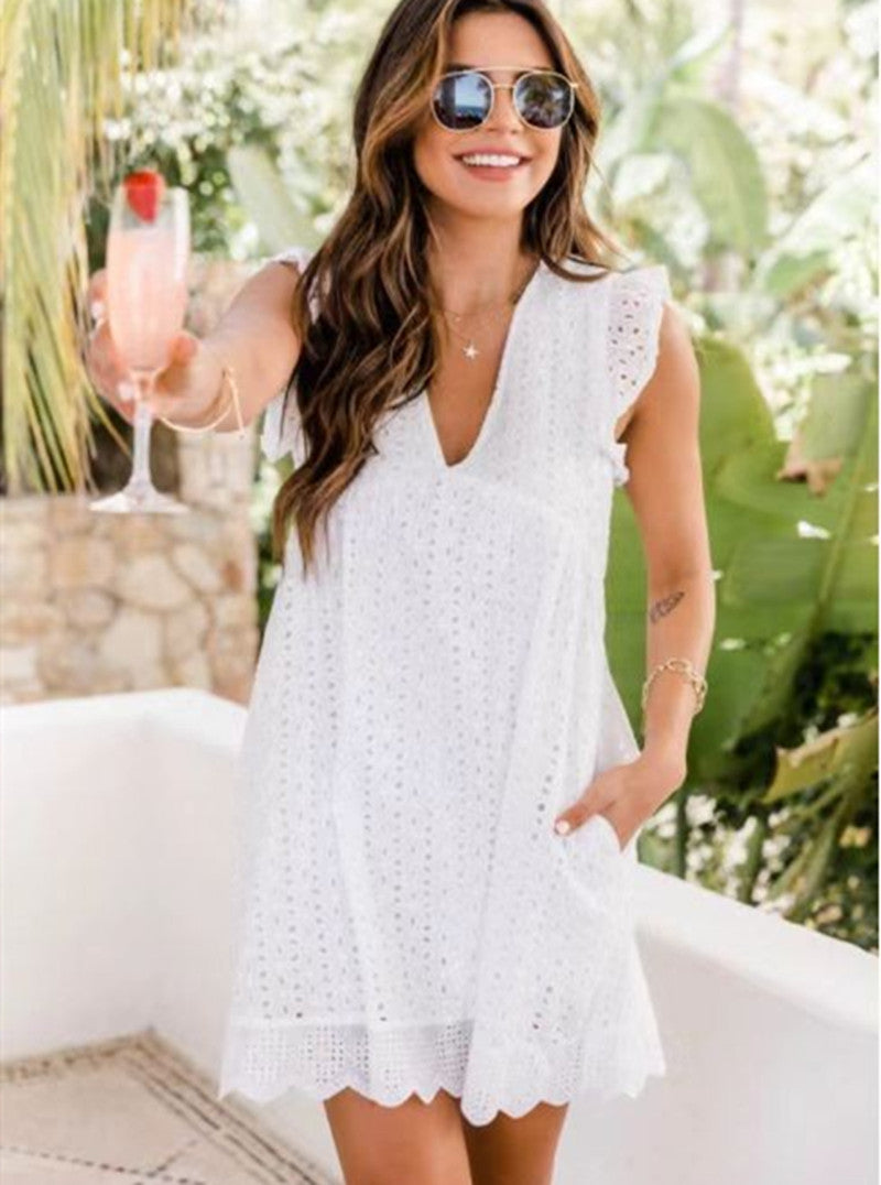 Lace Dress With Pocket - Sleeveless Jacquard Cutout V-Neck