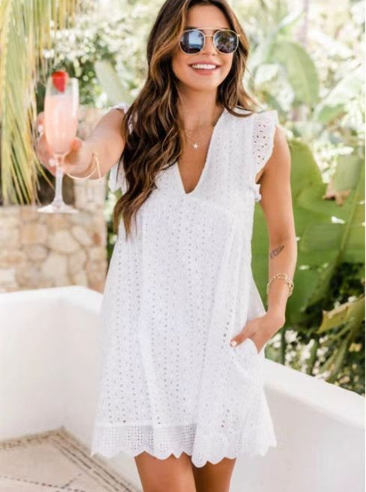 Lace Dress With Pocket - Sleeveless Jacquard Cutout V-Neck