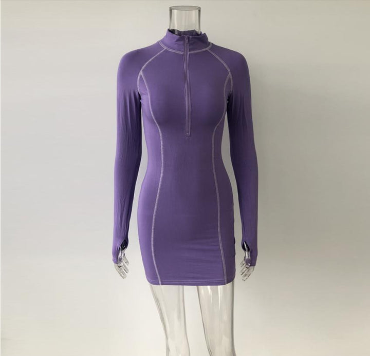 Tight stretch elastic collar long sleeve dress