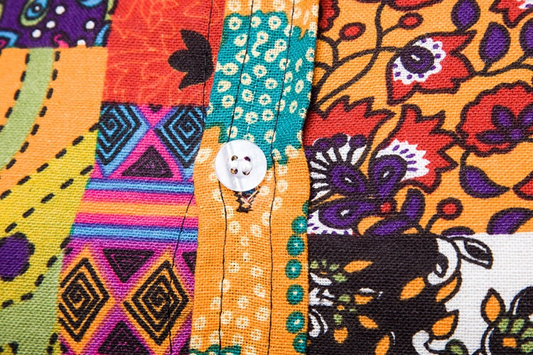 Colorful Mens short sleeve musician stage shirt with Vintage Ethnic Print