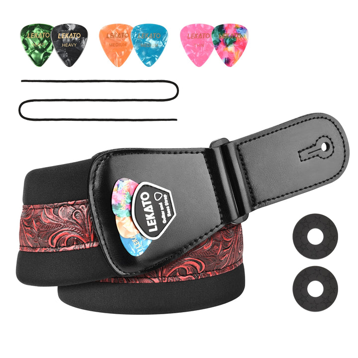 Guitar or Bass Strap with Pick Holder Adjustable Cowhide