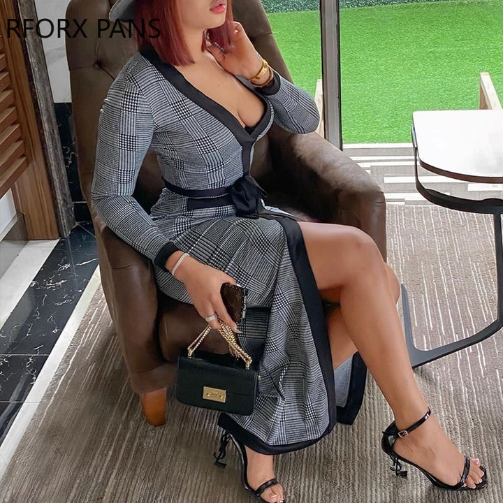Women High Slit Plaid Long Sleeve Plunge Maxi Dress