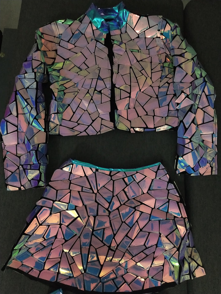 Open neck Purple Blue Laser Mirror Sequins Top Short Dress Womens Stage Wear
