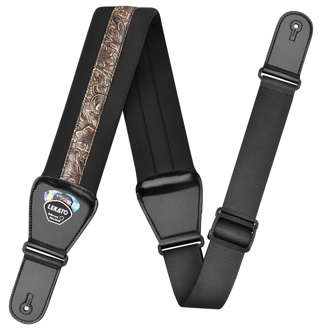 Guitar or Bass Strap with Pick Holder Adjustable Cowhide