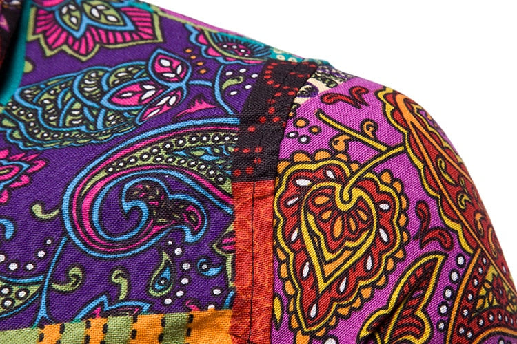 Colorful Mens short sleeve musician stage shirt with Vintage Ethnic Print