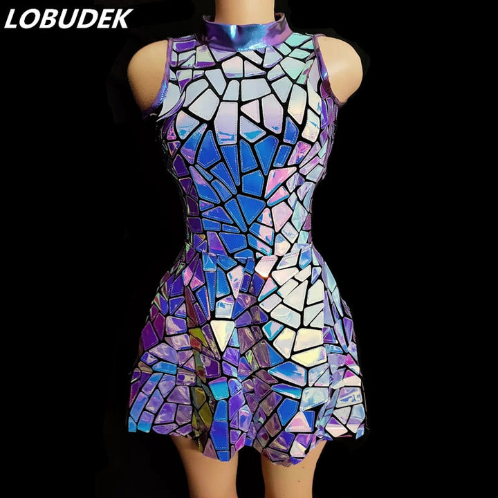 Closed neck Purple Blue Laser Mirror Sequins Sleeveless Short Dress