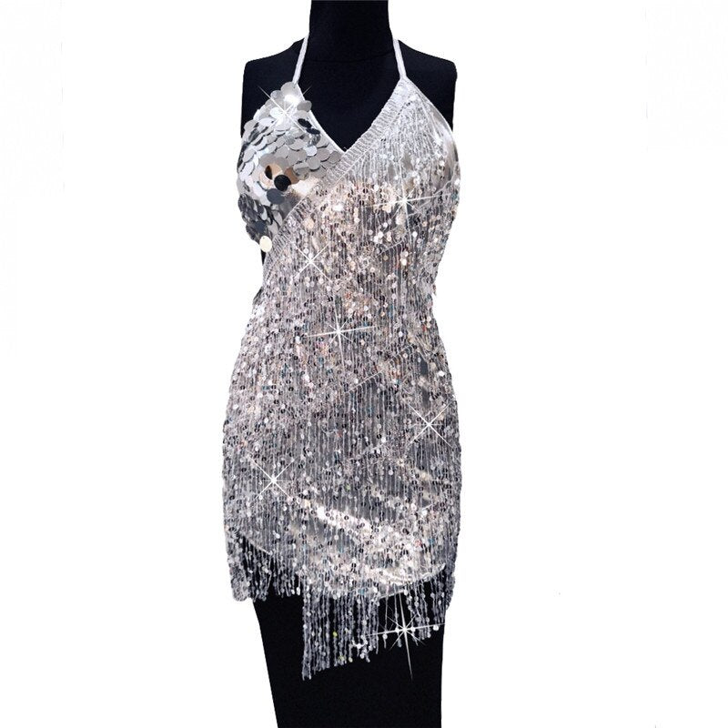 Shiny Sequins Latin Dance Dress Halter Mini Dress Tassel Fringes Gilding