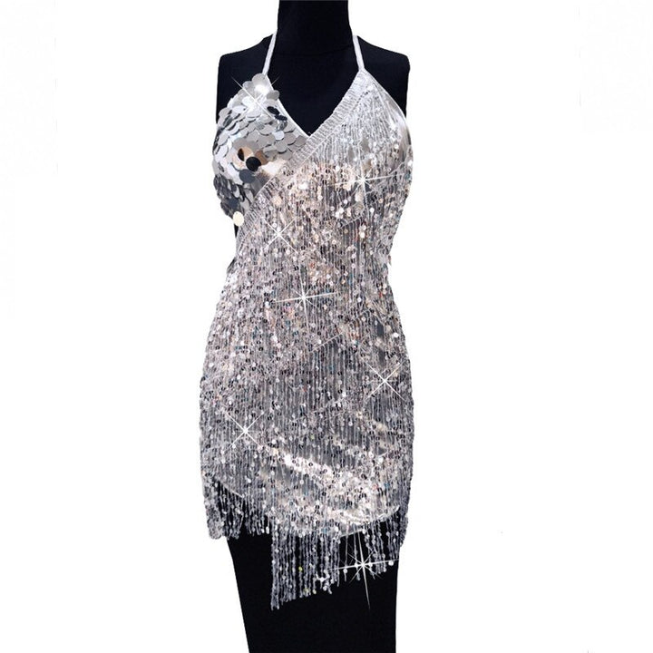 Shiny Sequins Latin Dance Dress Halter Mini Dress Tassel Fringes Gilding