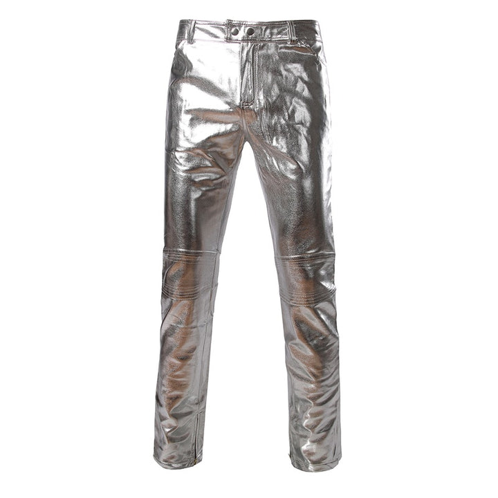 Mens PU Leather Pants Mens Brand Skinny Shiny Gold Silver Black Pants