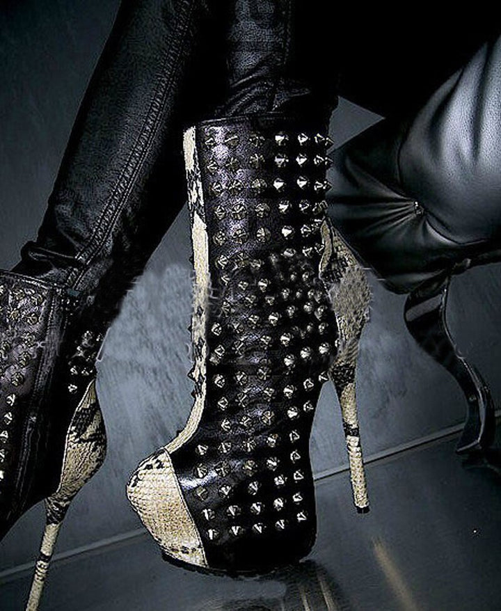 Women Stage Platform Metal Rivets Studded Snakeskin Patched Ankle Boots Ultra 16cm High Heels