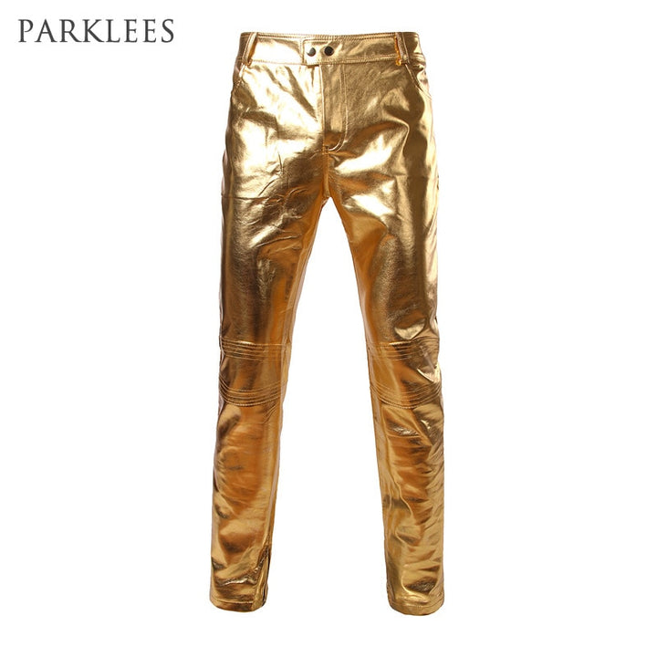 Mens PU Leather Pants Mens Brand Skinny Shiny Gold Silver Black Pants