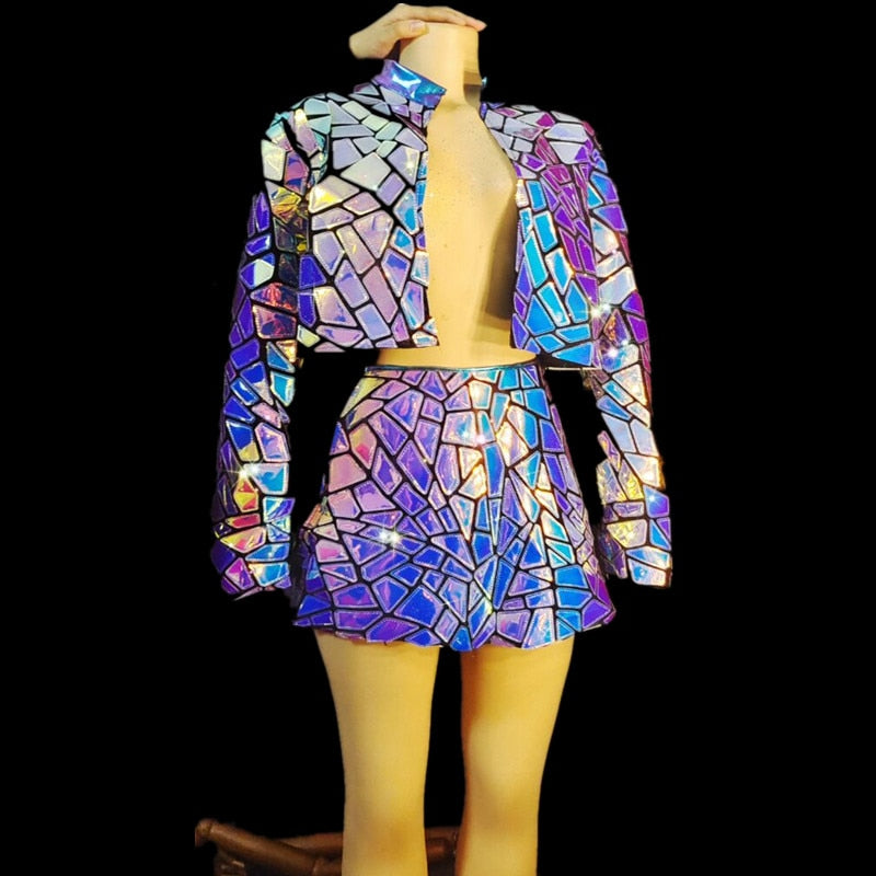 Open neck Purple Blue Laser Mirror Sequins Top Short Dress Womens Stage Wear