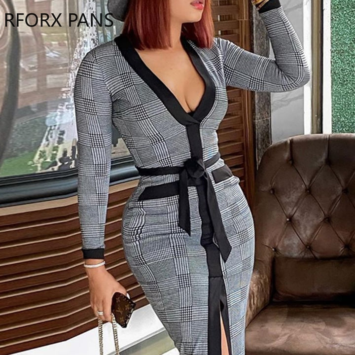 Women High Slit Plaid Long Sleeve Plunge Maxi Dress