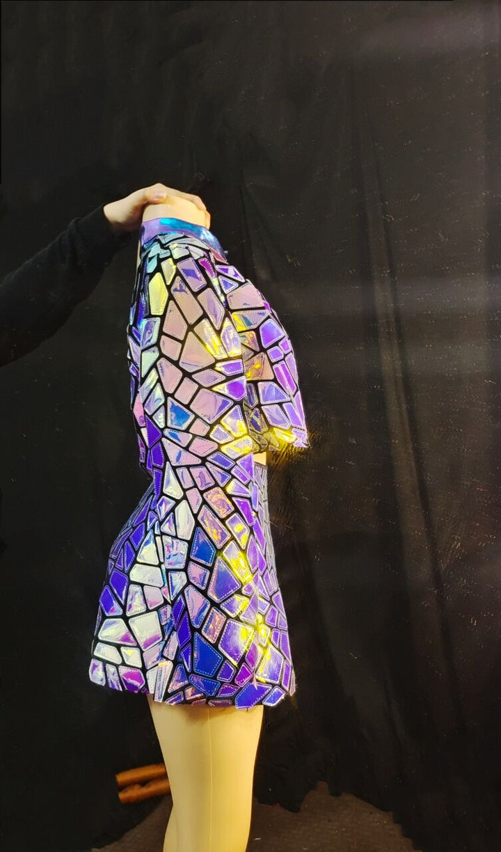 Open neck Purple Blue Laser Mirror Sequins Top Short Dress Womens Stage Wear