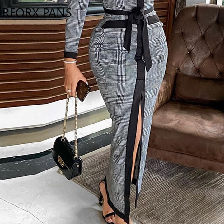 Women High Slit Plaid Long Sleeve Plunge Maxi Dress