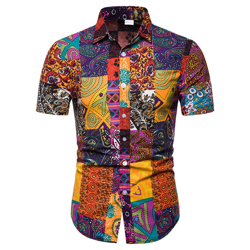 Colorful Mens short sleeve musician stage shirt with Vintage Ethnic Print