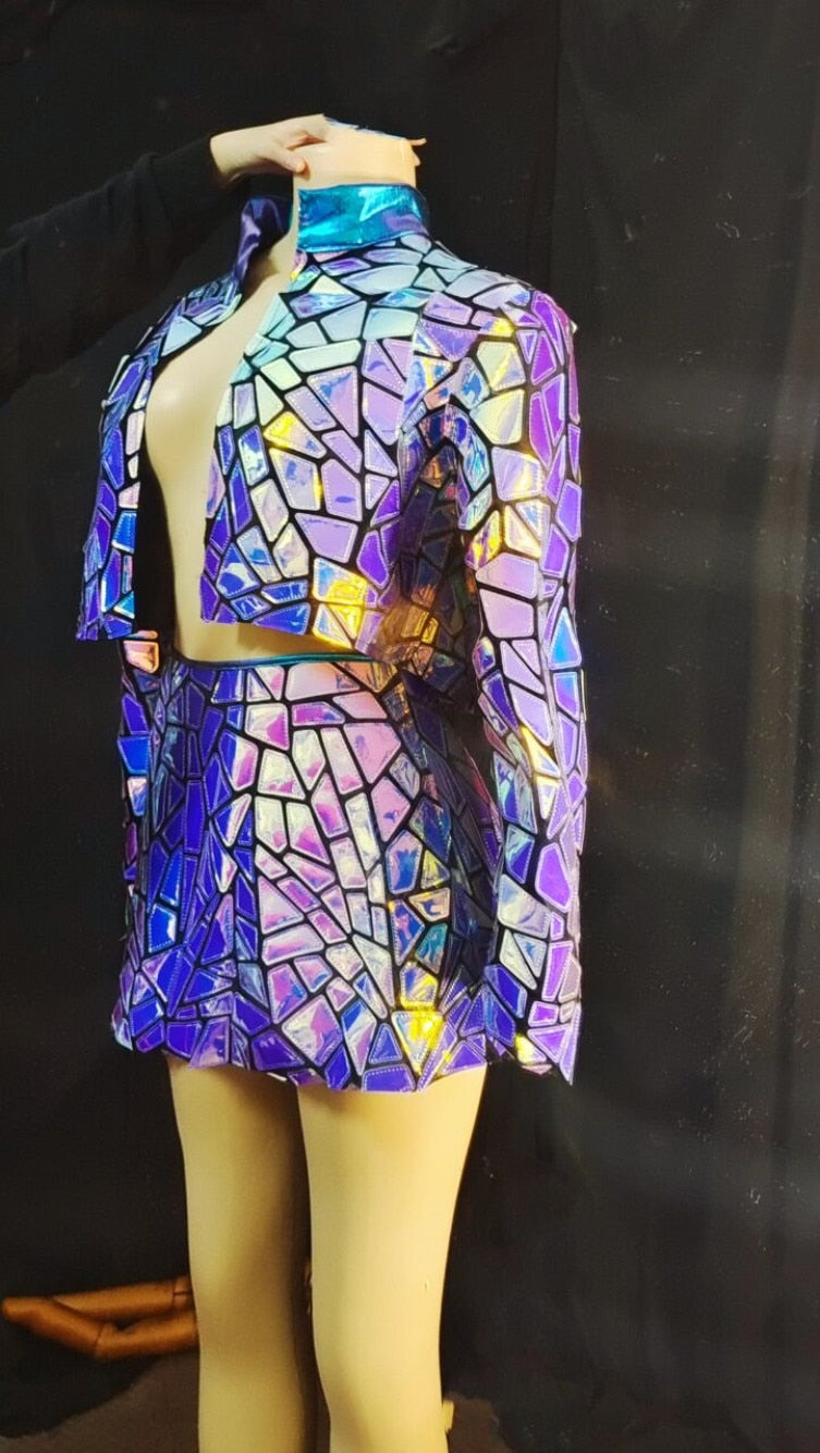 Open neck Purple Blue Laser Mirror Sequins Top Short Dress Womens Stage Wear