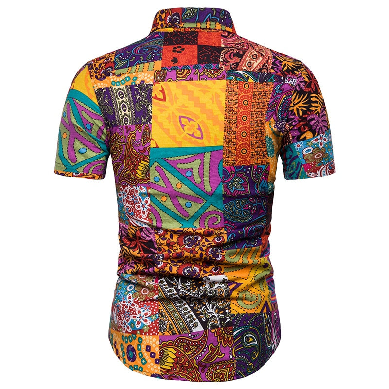 Colorful Mens short sleeve musician stage shirt with Vintage Ethnic Print