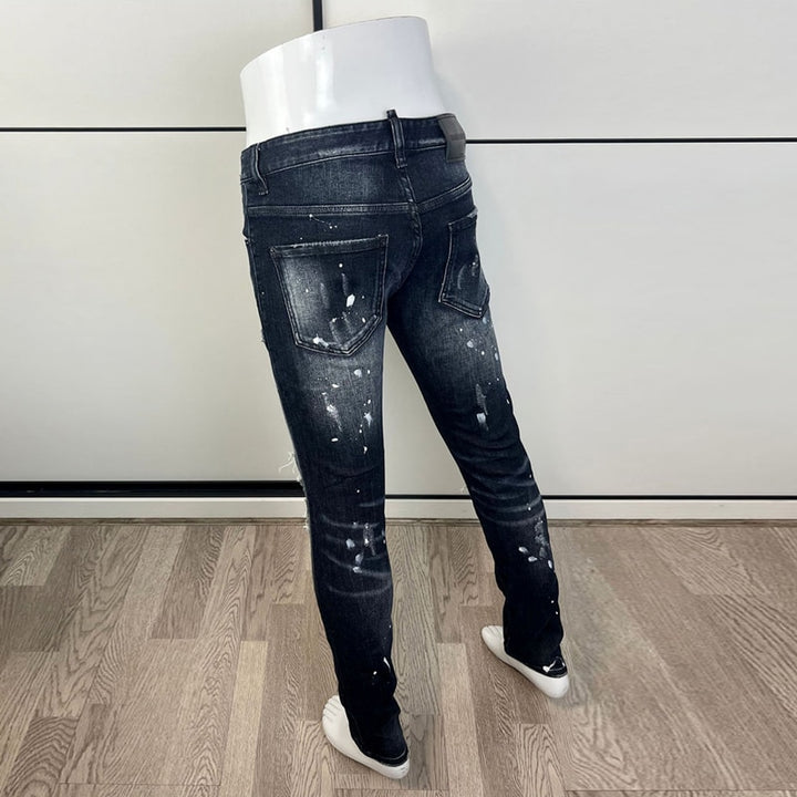 Mens Jeans Retro Black Blue Elastic Slim Hole Ripped