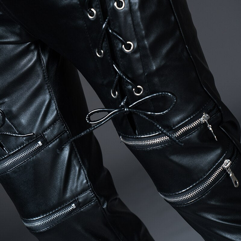 Mens Skinny Biker Leather Pants Fashion Faux Leather