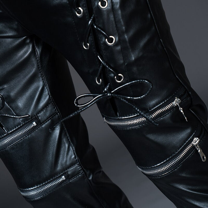 Mens Skinny Biker Leather Pants Fashion Faux Leather