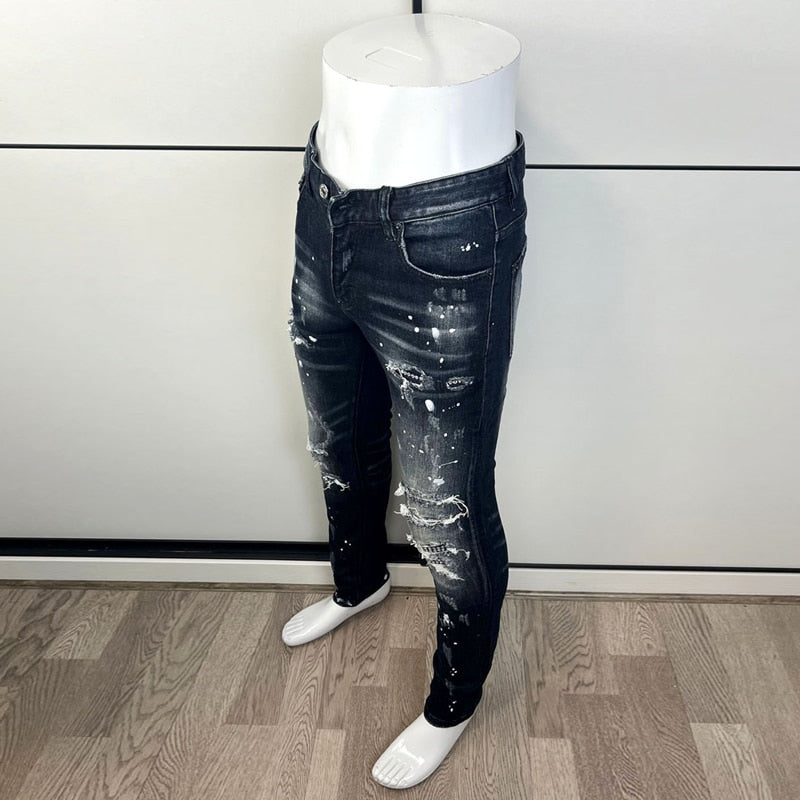 Mens Jeans Retro Black Blue Elastic Slim Hole Ripped