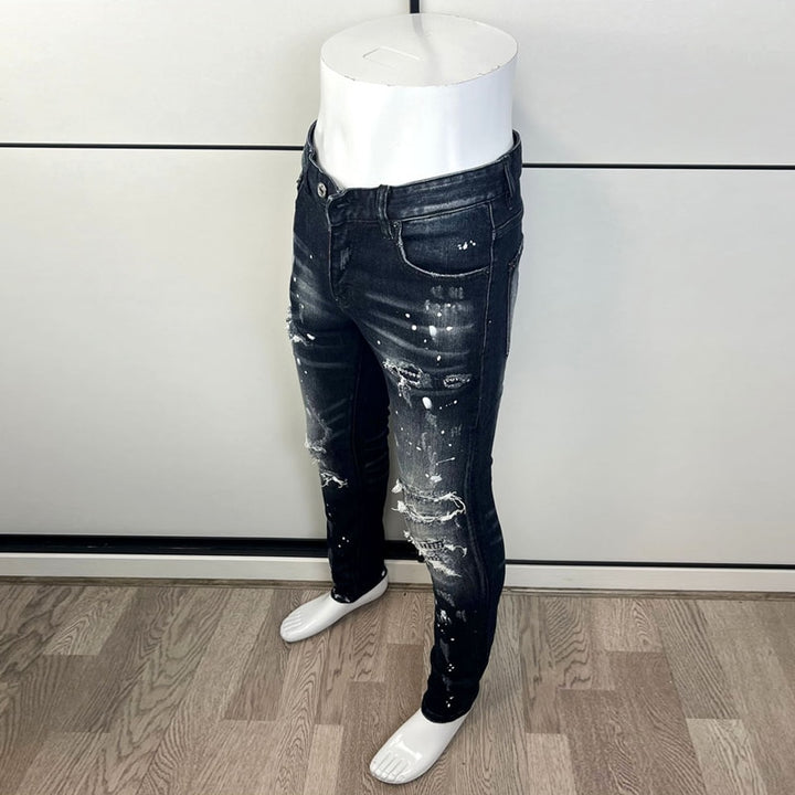 Mens Jeans Retro Black Blue Elastic Slim Hole Ripped