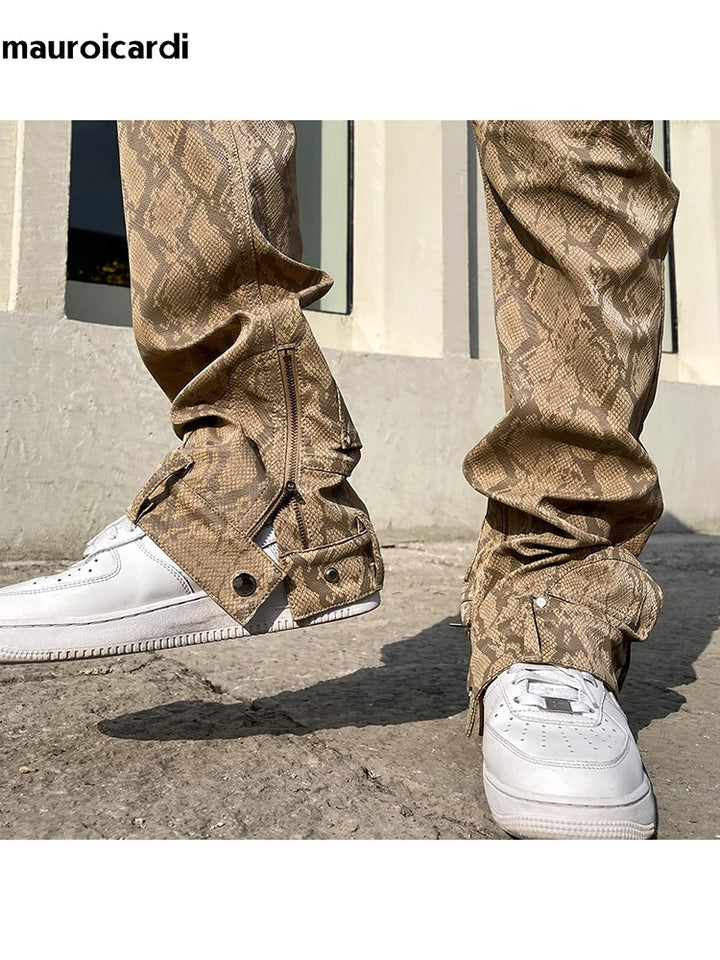 Mens Long Loose Casual Shiny Snake Skin Pu Leather Pants